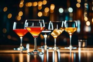 five different types of alcoholic drinks in glasses on a table. AI-Generated photo