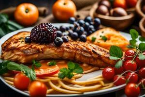 a plate of food with fish, vegetables and fruit. AI-Generated photo