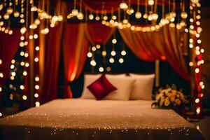 a bed with red and white curtains and lights. AI-Generated photo