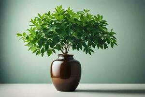 un en conserva planta en un marrón florero en un mesa. generado por ai foto