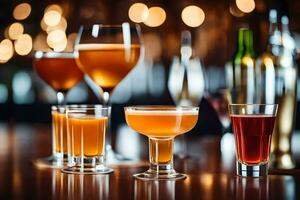 various alcoholic drinks are lined up on a bar. AI-Generated photo