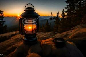 a lantern is lit on a rock in the middle of a mountain. AI-Generated photo