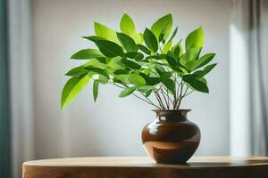 a plant in a brown vase on a table. AI-Generated photo