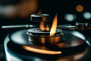 a close up of a record player with a flame. AI-Generated photo