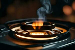 a close up of a gas stove with flames. AI-Generated photo