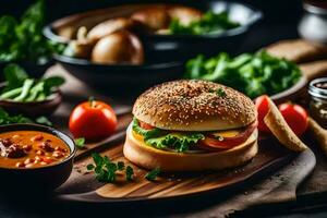 a hamburger with cheese, tomatoes and other ingredients. AI-Generated photo