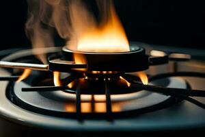 a close up of a gas stove with flames. AI-Generated photo