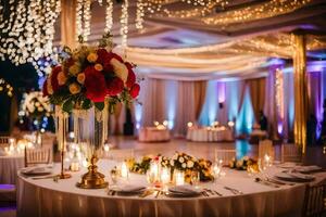 a wedding reception with a center table and candles. AI-Generated photo