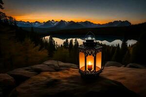 the lantern on the rock, lake, sunset, mountains, sunset, the lantern, the lantern. AI-Generated photo