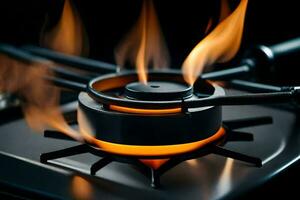 a gas stove with flames on it. AI-Generated photo