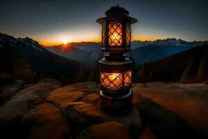 a lantern on top of a mountain with the sun setting behind it. AI-Generated photo