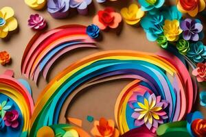 colorful paper flowers and a rainbow are arranged on a brown surface. AI-Generated photo