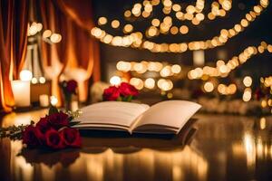 romantic candlelit table with book and roses. AI-Generated photo