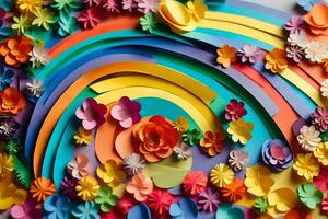 a colorful paper art piece with flowers and a rainbow. AI-Generated photo