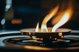 a close up of a gas burner on a stove. AI-Generated photo