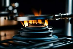 a close up of a stove with a flame coming out of it. AI-Generated photo