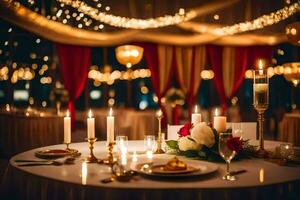 a table set for a wedding reception with candles and gold decorations. AI-Generated photo