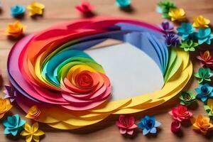 a colorful paper flower is surrounded by colorful paper. AI-Generated photo