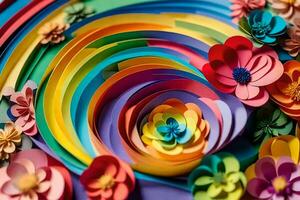 a colorful paper flower arrangement with a rainbow swirl. AI-Generated photo