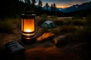 a camping lantern is lit up in the middle of the night. AI-Generated photo