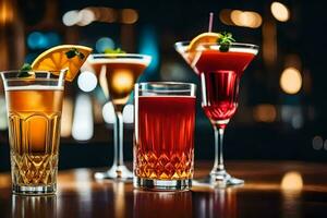 three different types of alcoholic drinks on a bar. AI-Generated photo