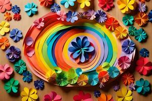 a colorful paper flower arrangement on a wooden table. AI-Generated photo