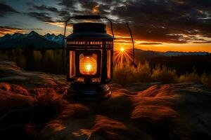 a lantern is lit on a rock in front of a sunset. AI-Generated photo