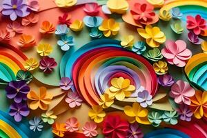 colorful paper flowers and a rainbow in the middle. AI-Generated photo