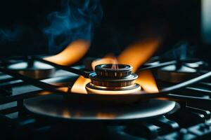 a gas stove with flames and smoke. AI-Generated photo