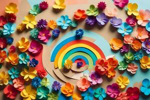 colorful paper flowers arranged in a circle with a rainbow. AI-Generated photo