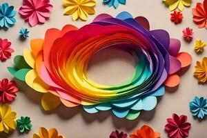 a rainbow colored paper flower arrangement. AI-Generated photo