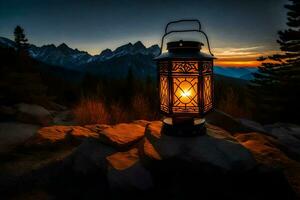 un linterna es iluminado arriba en un rock en frente de un montaña. generado por ai foto