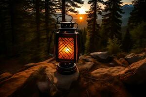 a lantern is lit in the woods at sunset. AI-Generated photo