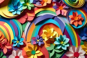 a colorful paper art piece with flowers and a rainbow. AI-Generated photo