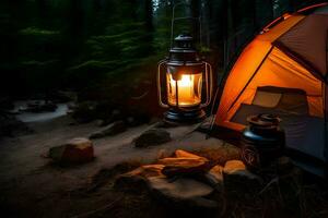 a tent and lantern in the woods at night. AI-Generated photo