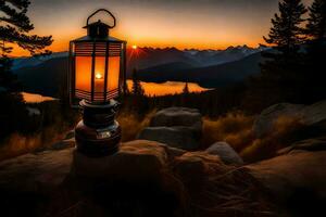 a lantern is lit on top of a mountain at sunset. AI-Generated photo