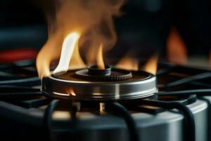 a close up of a stove top with a flame. AI-Generated photo
