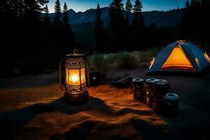a campfire and a tent in the middle of the night. AI-Generated photo