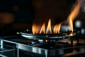 a gas stove with flames on it. AI-Generated photo