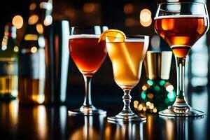 three different types of alcoholic drinks are shown on a bar. AI-Generated photo