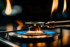 a gas burner on a table with flames. AI-Generated photo