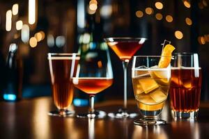 a group of different alcoholic drinks on a bar. AI-Generated photo