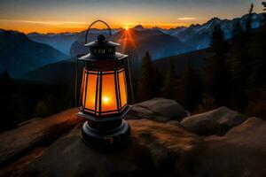 un linterna es iluminado en un rock en frente de un montaña. generado por ai foto