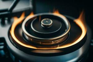 a close up of a gas stove with flames. AI-Generated photo