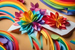 a rainbow and flowers made out of paper. AI-Generated photo