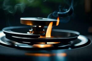 a close up of a gas burner with smoke coming out. AI-Generated photo