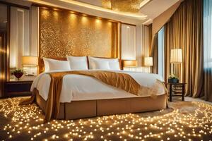 un cama o camas en un habitación a el ritz Carlton Beijing. generado por ai foto