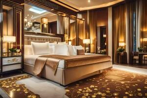 un lujoso dormitorio con oro acentos y un cama. generado por ai foto