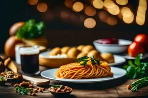 espaguetis con albóndigas y vegetales en un de madera mesa. generado por ai foto