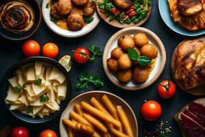 various foods including meat, vegetables and bread on a black table. AI-Generated photo